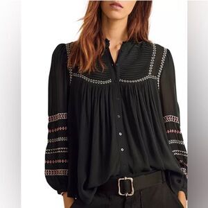 ba&sh Black Blouse with Embroidered Accents